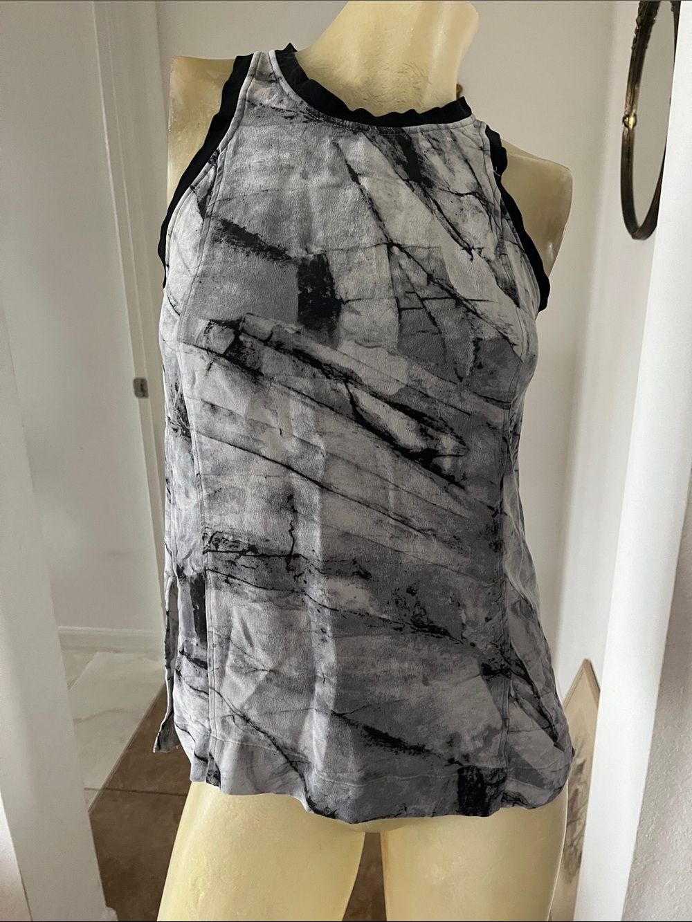 Helmut Lang Gray Marble-Print Silk Top